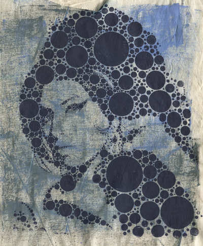 Amy Winehouse polka dot screen print over mark making on canvas