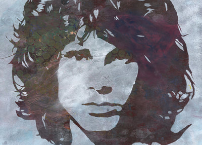 Jim Morrison 2 singer stencilled painting with mark making background