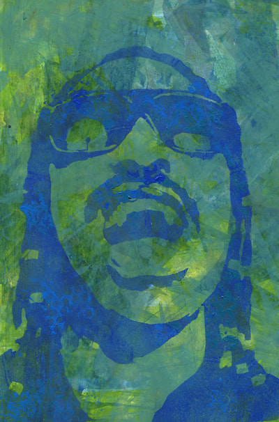 Stevie Wonder singer stencilled painting with mark making background