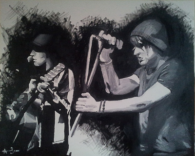 Paul and Kirs Coulton black and white oil painting singing and playing guitar