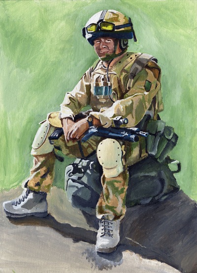 Soldier sat on a rock acrylic painting
