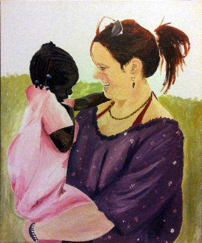 Woman holding child acrylic painting