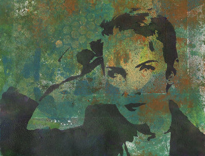 Annie Lennox singer stencilled painting with mark making background
