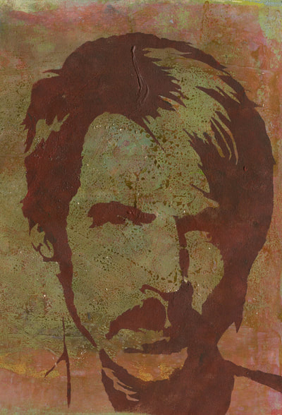 Anthony Kiedis singer stencilled painting with mark making background