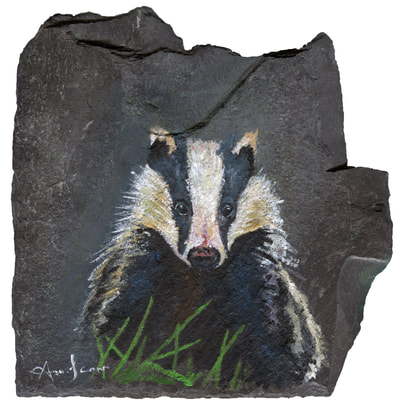 Badger acrylic painting on reclaimed roof slate