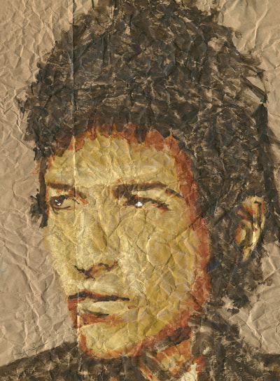 Bob Dylan loose acrylic painting over crinkled craft paper