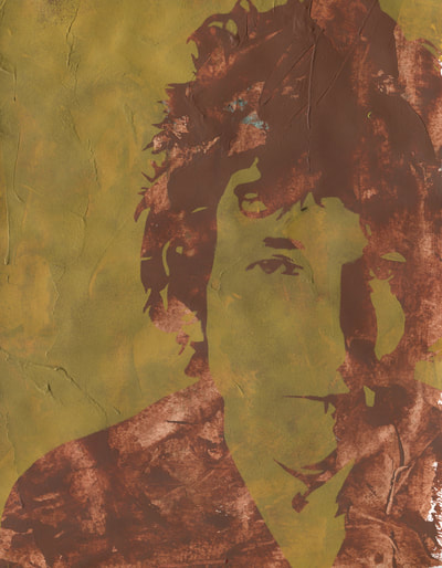 Bob Dylan stencilled painting with mark making background