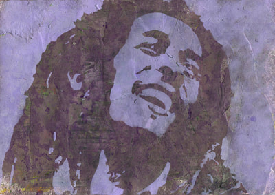 Bob Marley stencilled painting with mark making background purple