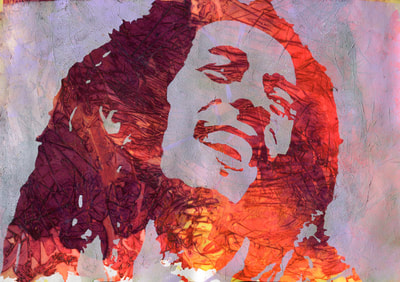Bob Marley stencilled painting with mark making background red