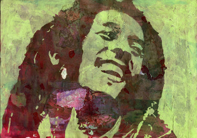 Bob Marley stencilled painting with mark making background green
