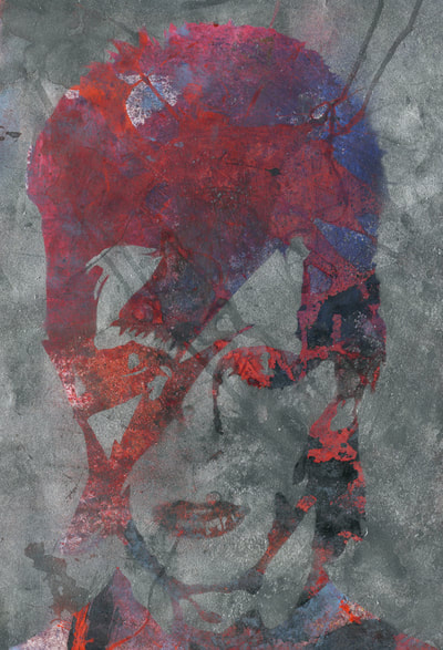 David Bowie stencilled painting with mark making background