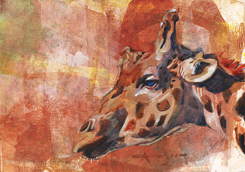 Giraffe, painted in soft acrylics over mark making mixed media background
