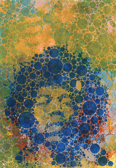 Jimi Hendrix polka dot screen print repeated over and over in different colours - blue