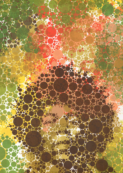 Jimi Hendrix polka dot screen print repeated over and over in different colours - brown