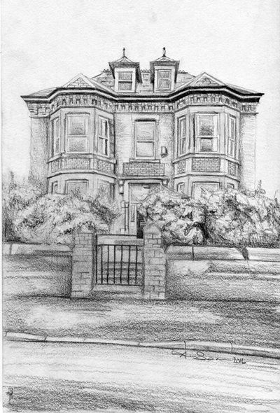 Detached house on Abbey Road, Barrow in Furness, pencil drawing
