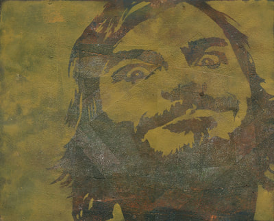 Jack Black singer actor stencilled painting with mark making background