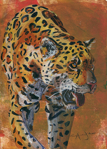 Jaguar big cat, painted in soft acrylics over mark making mixed media background