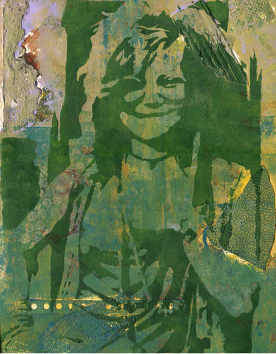 Janis Joplin singer stencilled painting with mark making background