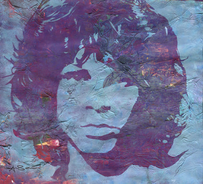Jim Morrison singer stencilled painting with mark making background