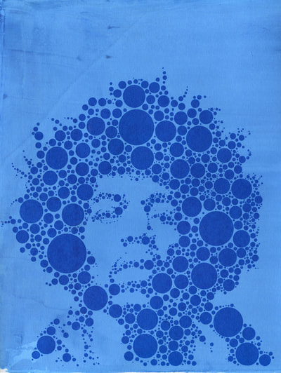 Jimi Hendrix polka dot screen print over blue background