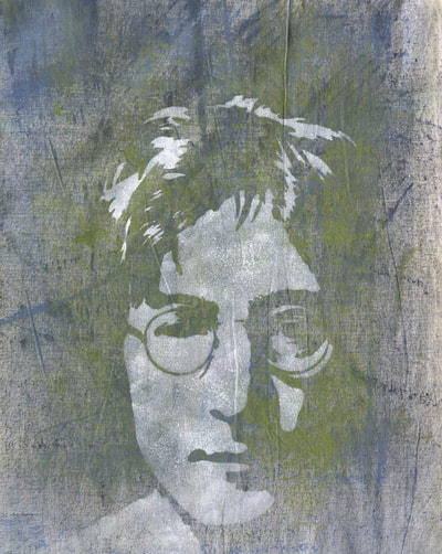 John Lennon singer stencilled painting with mark making background canvas