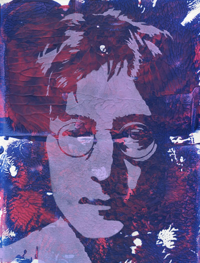 John Lennon singer stencilled painting with mark making background purple