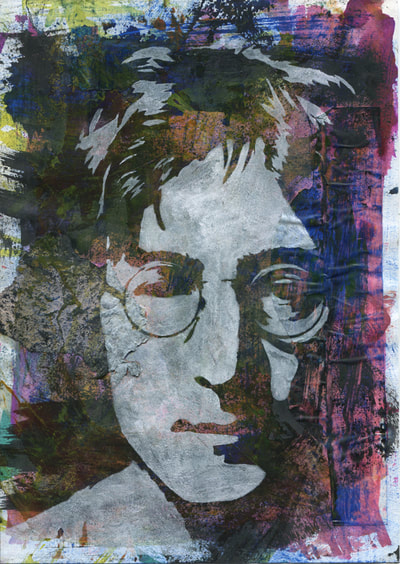 John Lennon singer stencilled painting with mark making background blue