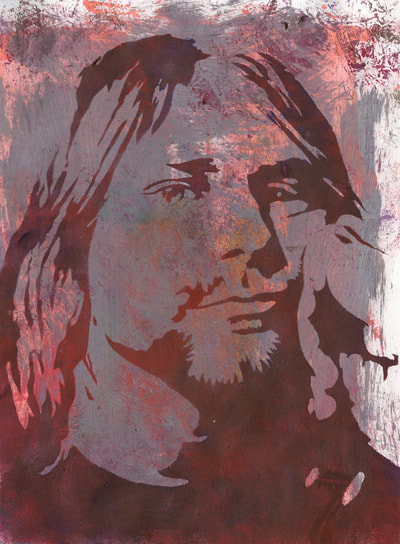 Kurt Cobain stencilled painting with mark making background