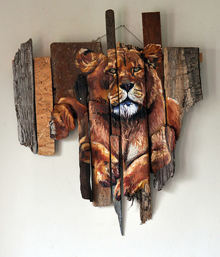Lioness wild big cat sat down oil painting on collected and assembled driftwood
