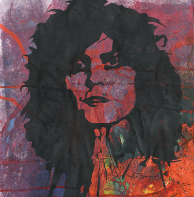 Marc Bolan stencilled painting with mark making background