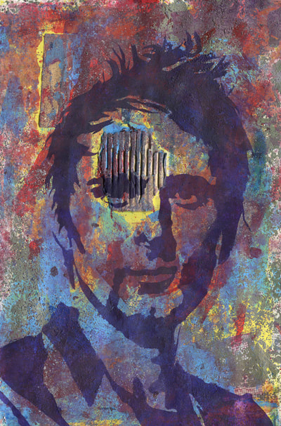 Matt Bellamy stencilled painting with mark making background