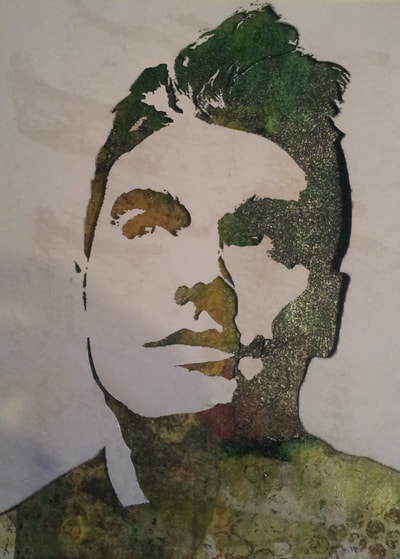 Morrissey 1 singer stencilled painting with mark making background