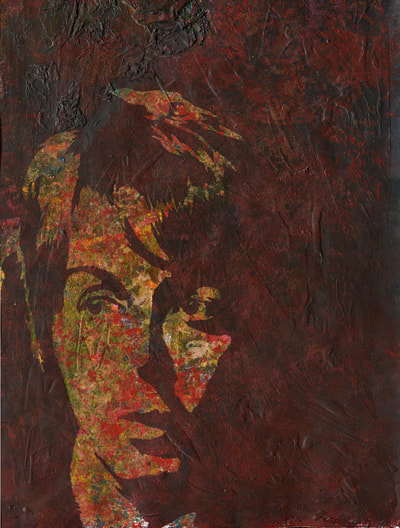 Paul McCartney singer stencilled painting with mark making background
