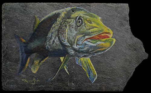 Pike full body acrylic painting on reclaimed roof slate