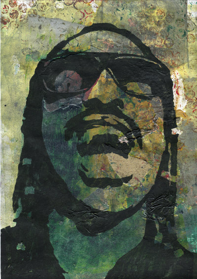 Stevie Wonder 2 singer stencilled painting with mark making background
