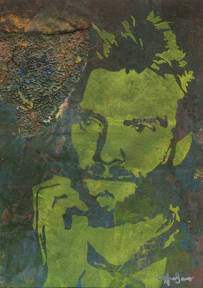 Sting singer stencilled painting with mark making background